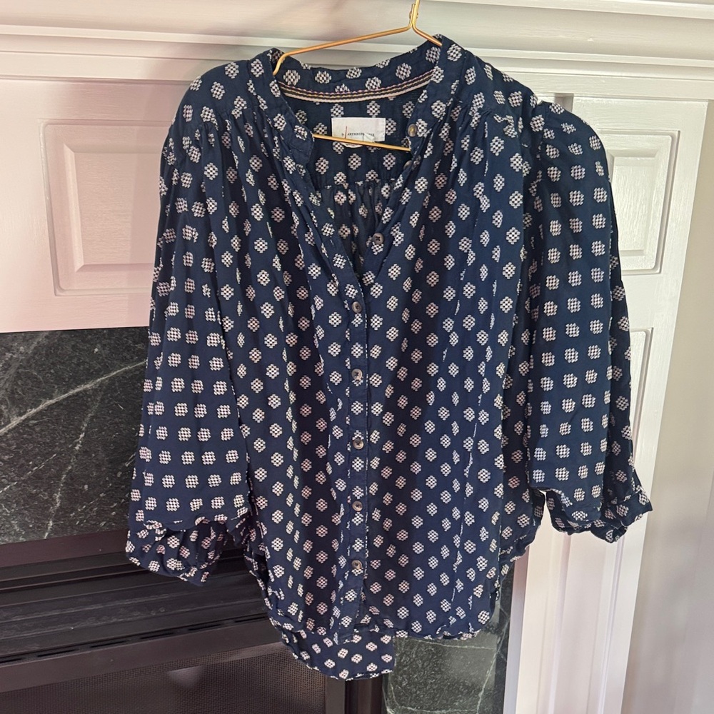 Anthropologie Navy and White Patterned Blouse